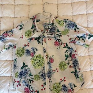 LOFT White Floral Tie-Neck Blouse with Green, Blue and Pink Blooms